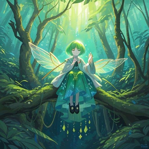 Whimsical Fairy Amidst Lush Forest in Radiant Colors