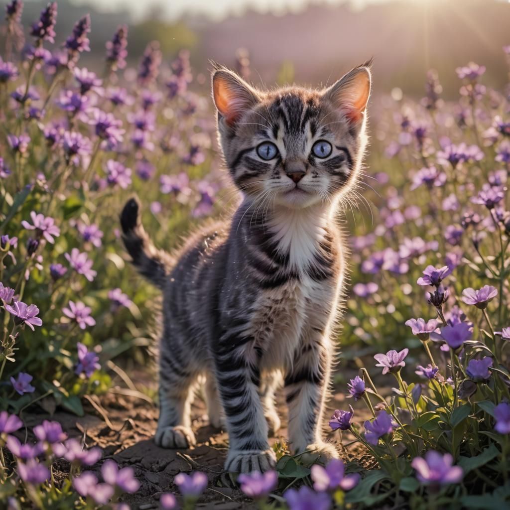Bioluminescent Kitten in a Purple Flower Field