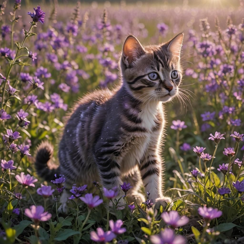 Purple Kitten in Bioluminescent Flower Field