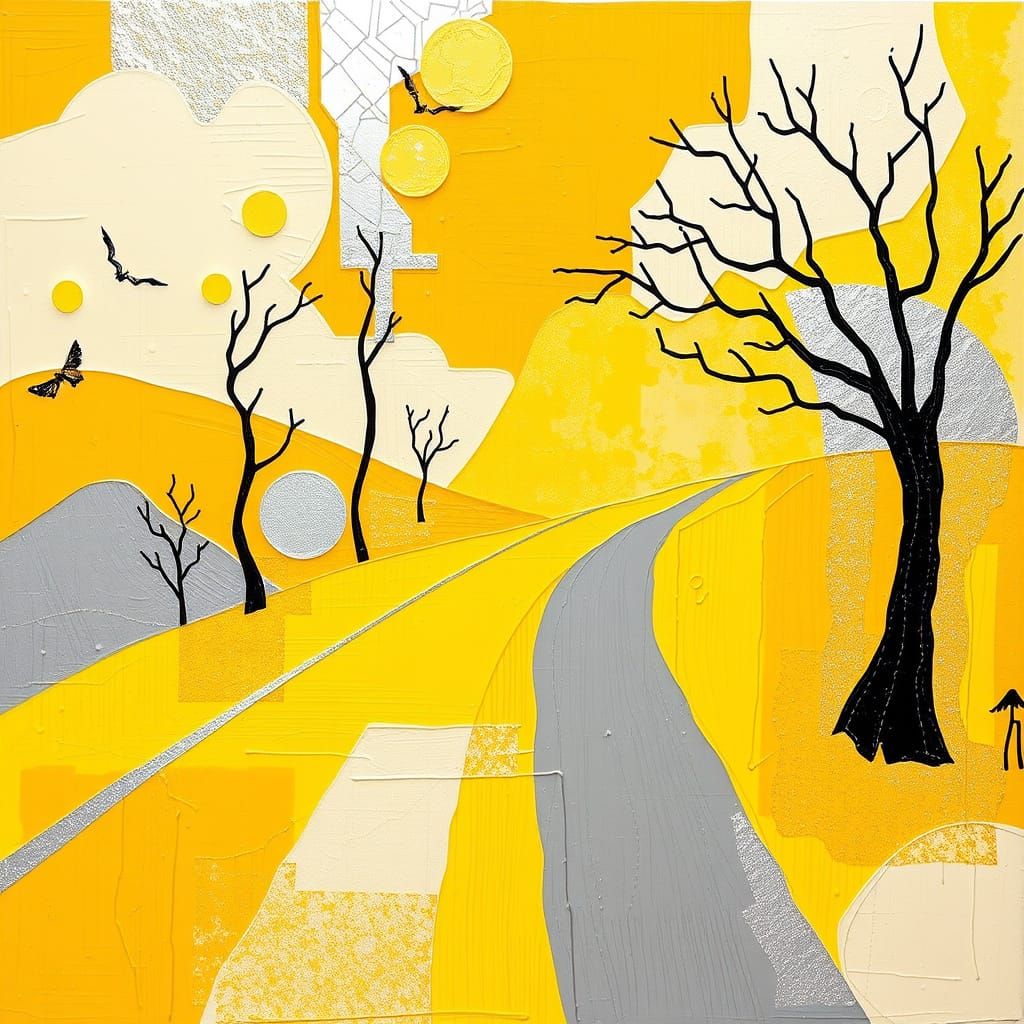 Abstract Mondrian Yellow Brick Road in Silver and Grey