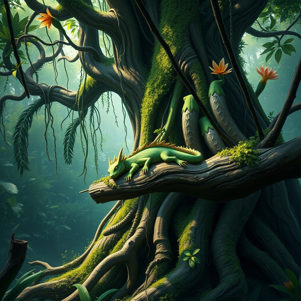 Surreal Jungle Scene with Sleeping Baby Dragon