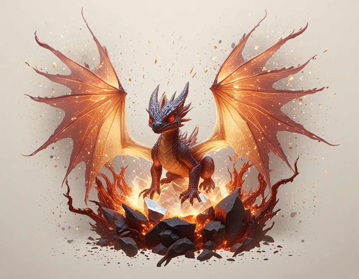 Dragon Hatchling on Crystal Shard with Magical Sparks