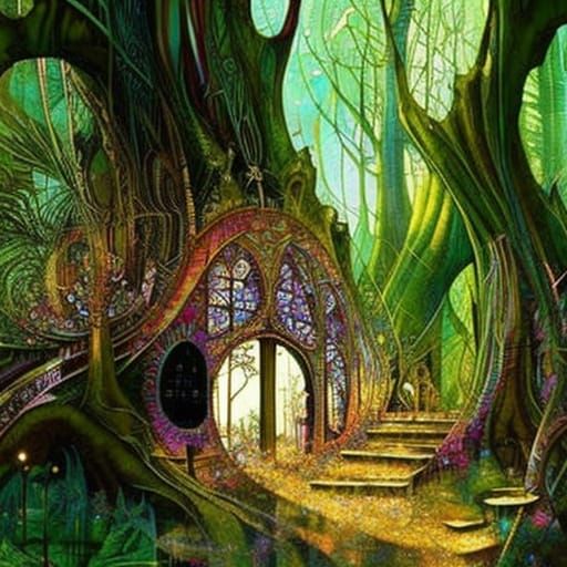 Enchanted Forest with Tree Huts: Digital Art