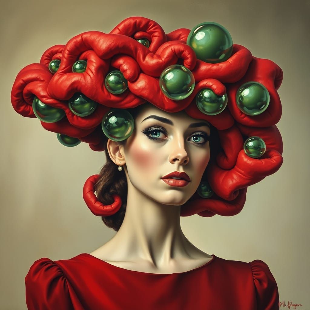 Surreal Woman in Red Foam Hat Oil Painting