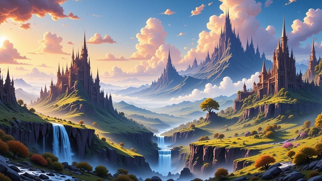Majestic Fantasy Landscape with Shimmering Waterfalls