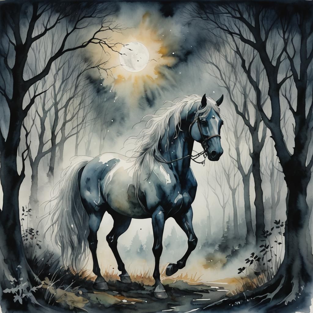 Girl and Spectral Horse in Misty Forest
