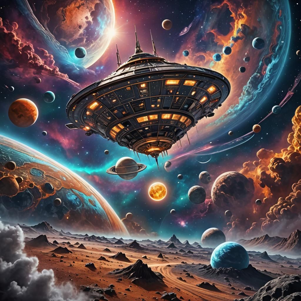 Cosmic Dreamscape: Spaceship near Moon in Astral Lights