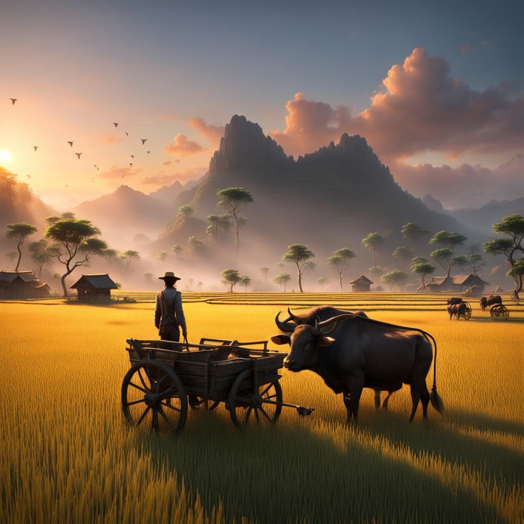 Sunrise Over Rice Field: Detailed Matte Painting