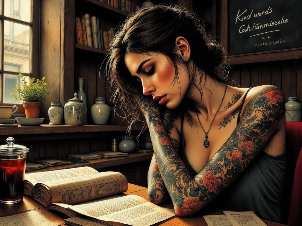 Melancholic Woman in Coffee Shop: Moody Surrealism