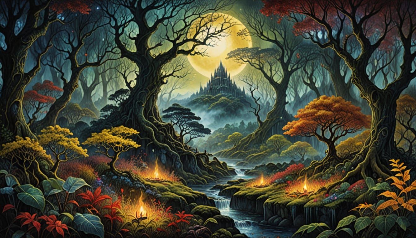 Surreal Misty Forest Garden with Watching Eyes