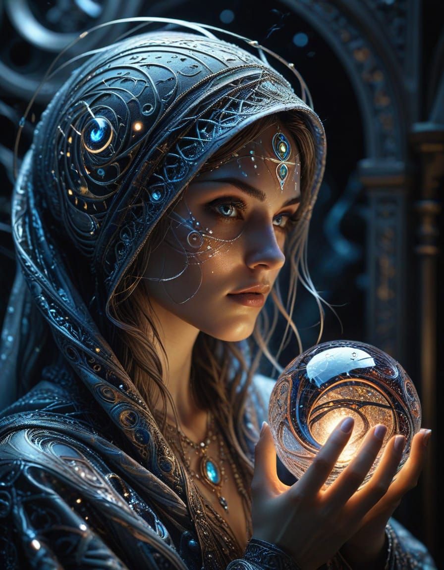 Mystical Sorceress with Runic Sphere in Surreal Style
