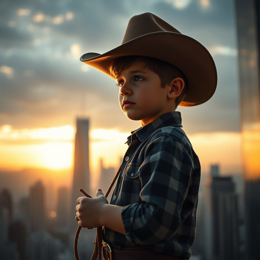 Create photorealistic cinematic 8k resolution image of a young child in the big city thinking about what he wants to be ...