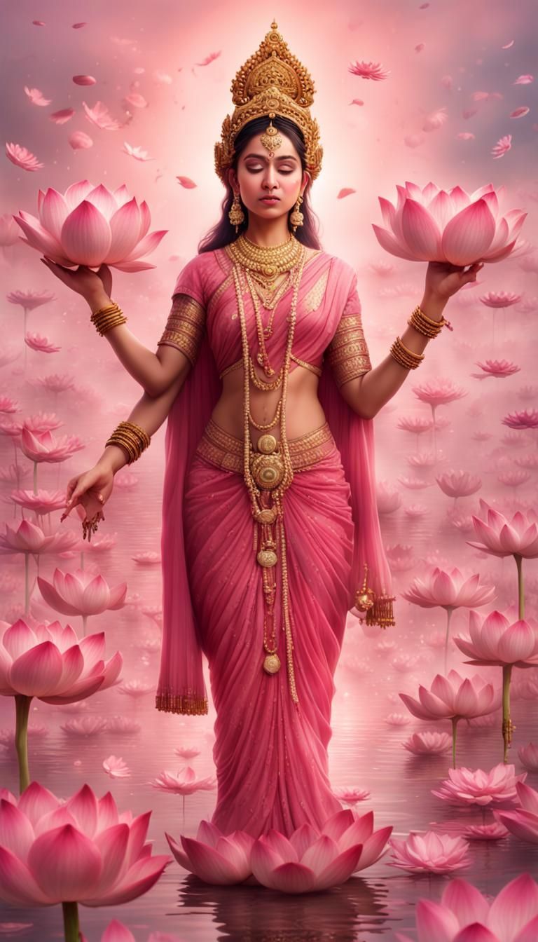 Lakshmi with Lotus Flowers and Coins in Digital Art