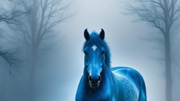 Blue Horse Standing Silently in Dense Fog