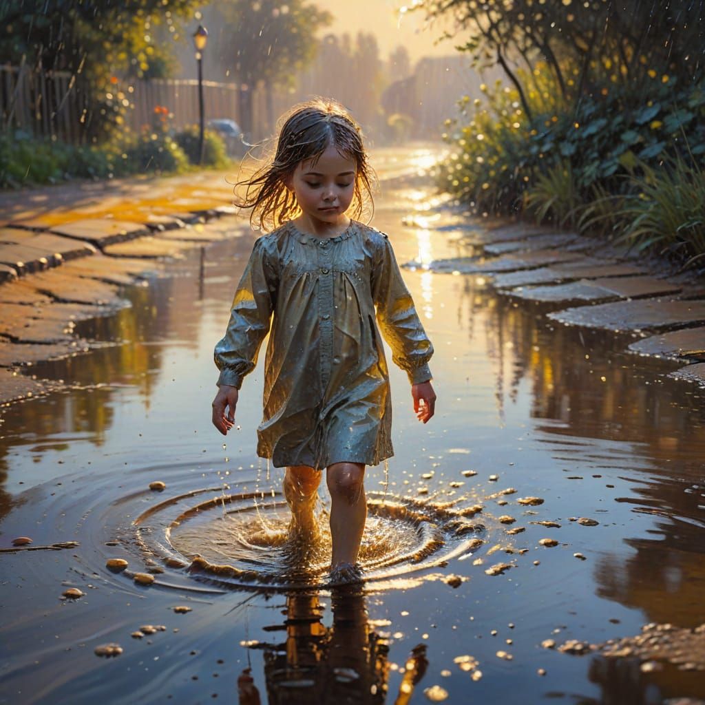 Child Splashing in Puddles: Impressionist Oil Painting