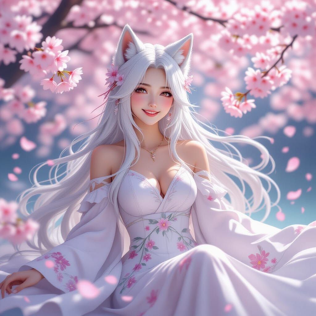 Ethereal Woman with Wolf Ears in Cherry Blossoms