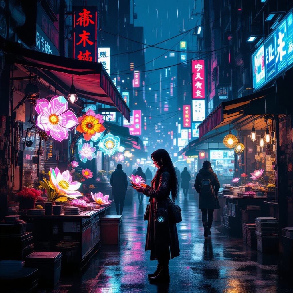 Cyberpunk Marketplace Night Scene with Glowing Mechanical Fl...