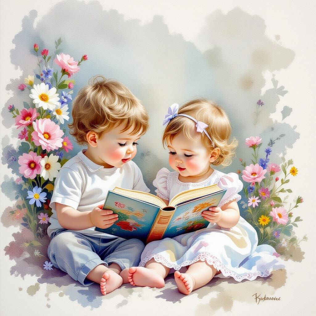 Ethereal Watercolour of Siblings Reading Amidst Flowers