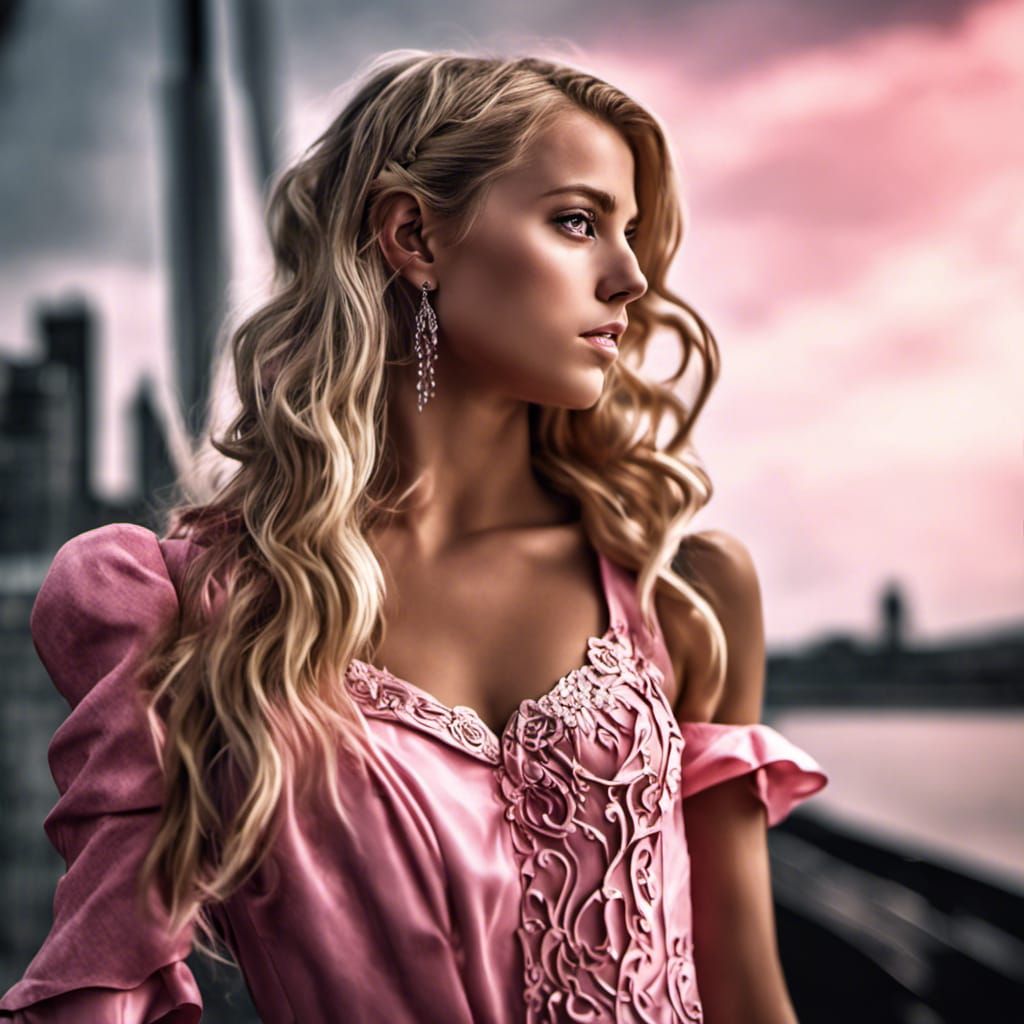 Hyperrealistic Blonde Girl in Pink Dress Portrait