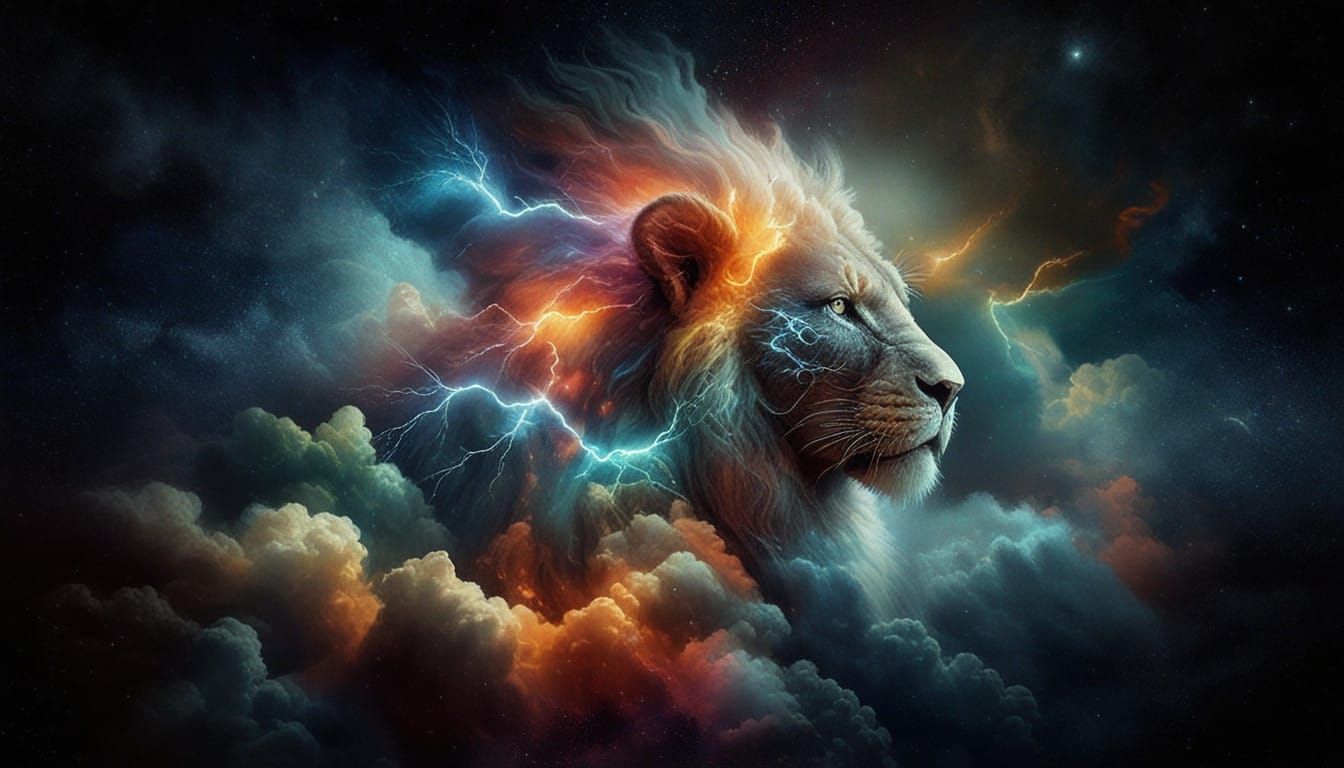 Surreal Celestial Lion Radiates Rainbow Nebula