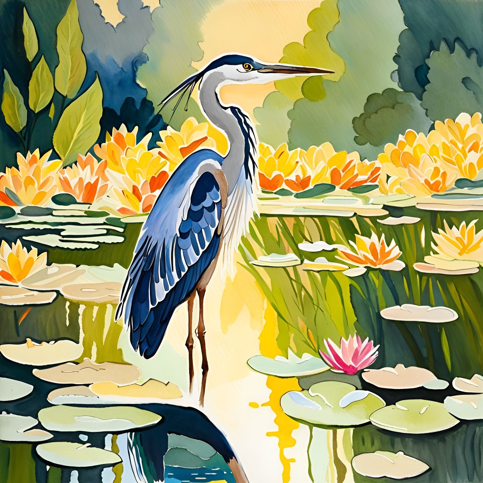 Heron in Pond: Gouache and Watercolor Impression