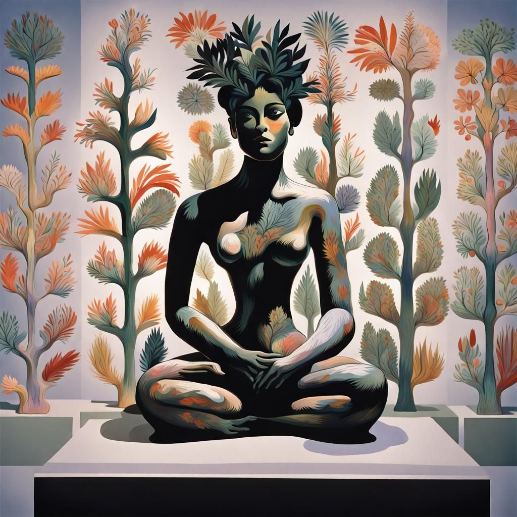 Woman Sculpture with Floral Hair in Abstract Style