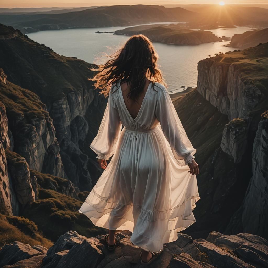 Winged Woman Beholds Sunset: Cinematic Film Still