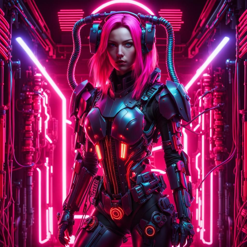 Cyberpunk Girl in Bio-Mechanical Armor, Neon Accents