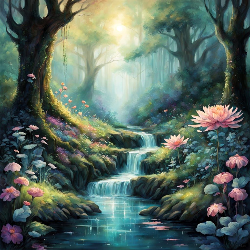 Enchanted Forest Grove With Bioluminescent Flowers and Water...