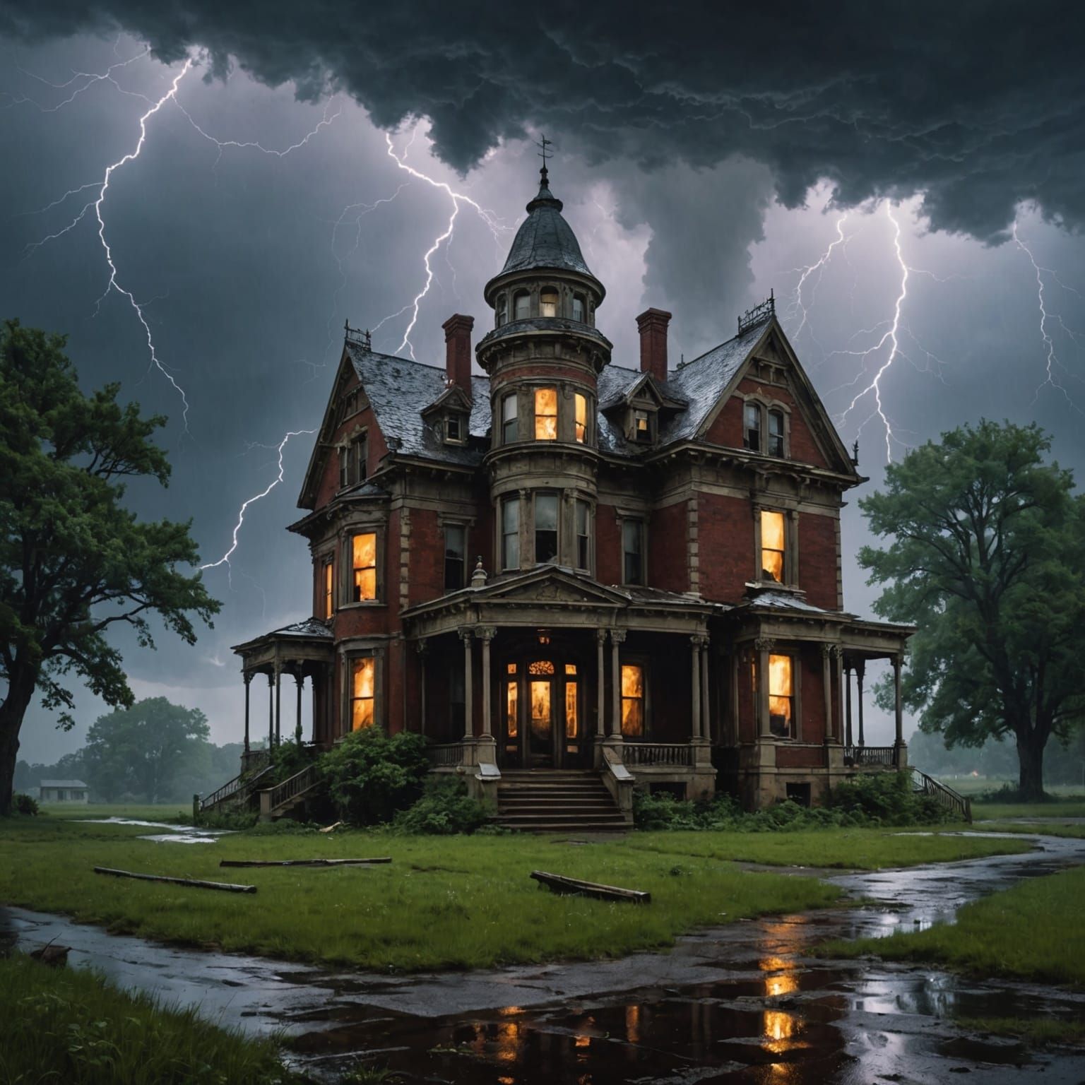 Sinister Decaying Mansion in Thunderstorm