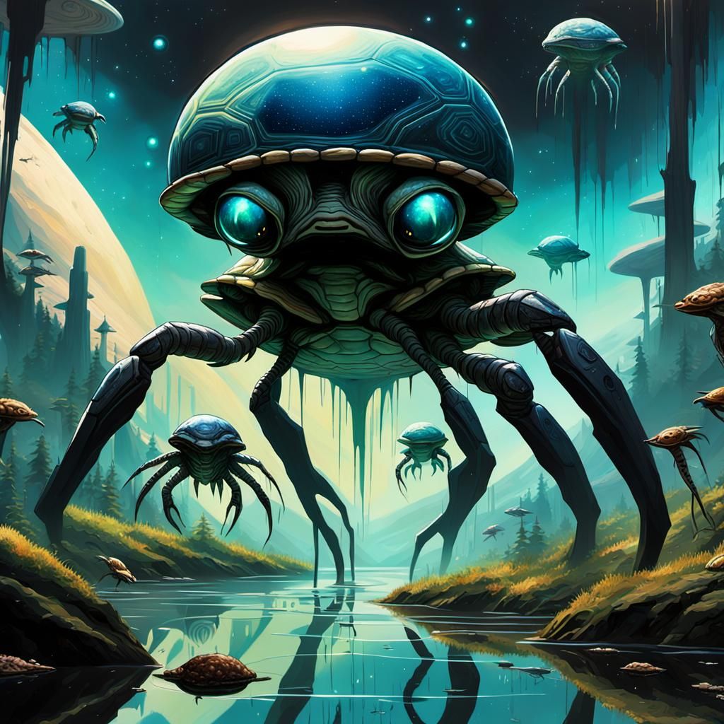 Alien Space Turtles Soaring Through the Galaxy as Oil Painti...