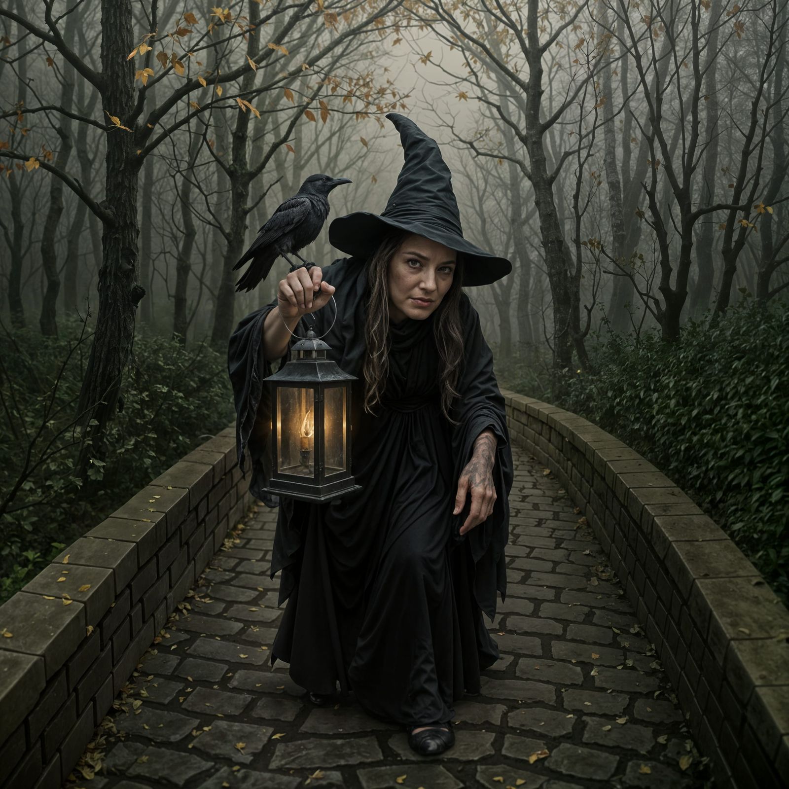 Eerie Witch in Misty Forest with Raven