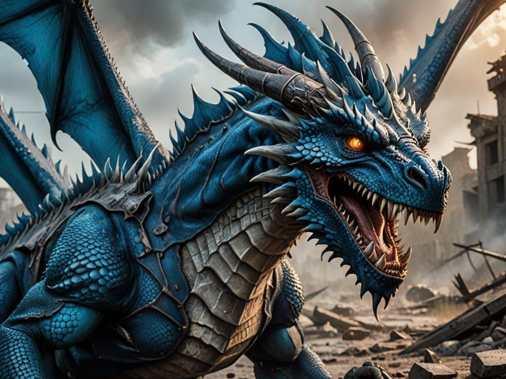 Post-apocalyptic Fantasy. A battle-scarred blue dragon.