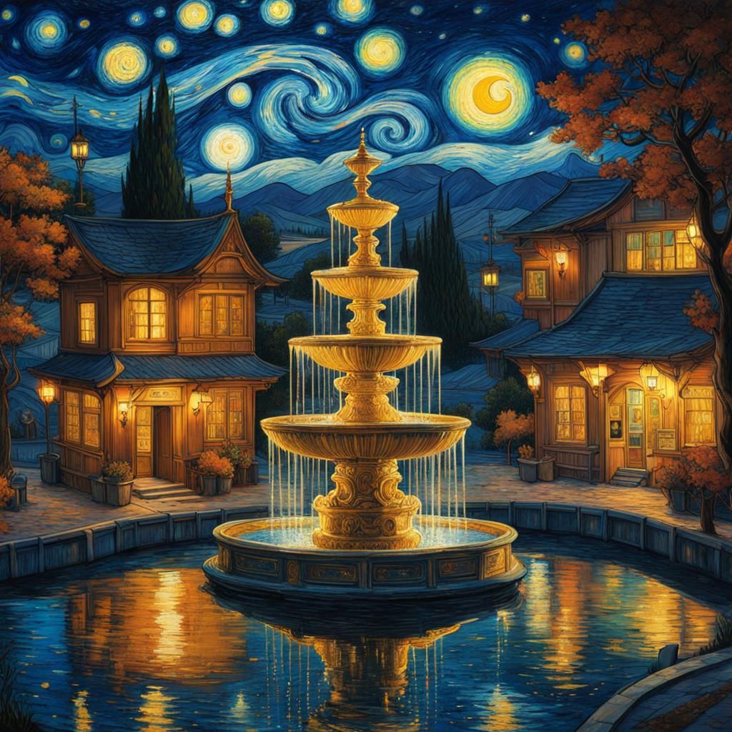 Starry Fountain in Van Gogh Style