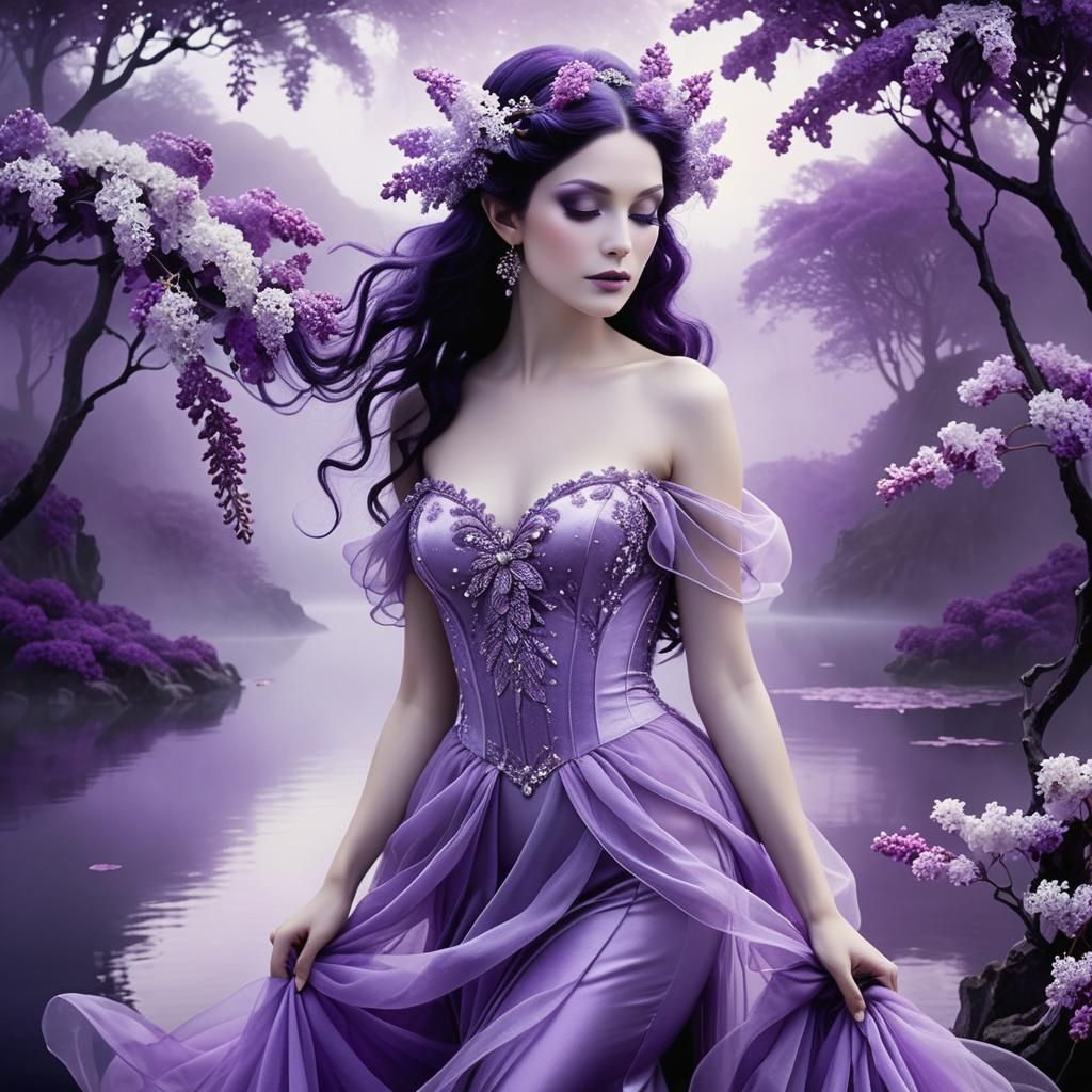 She looks ethereal in a wispy purple dress