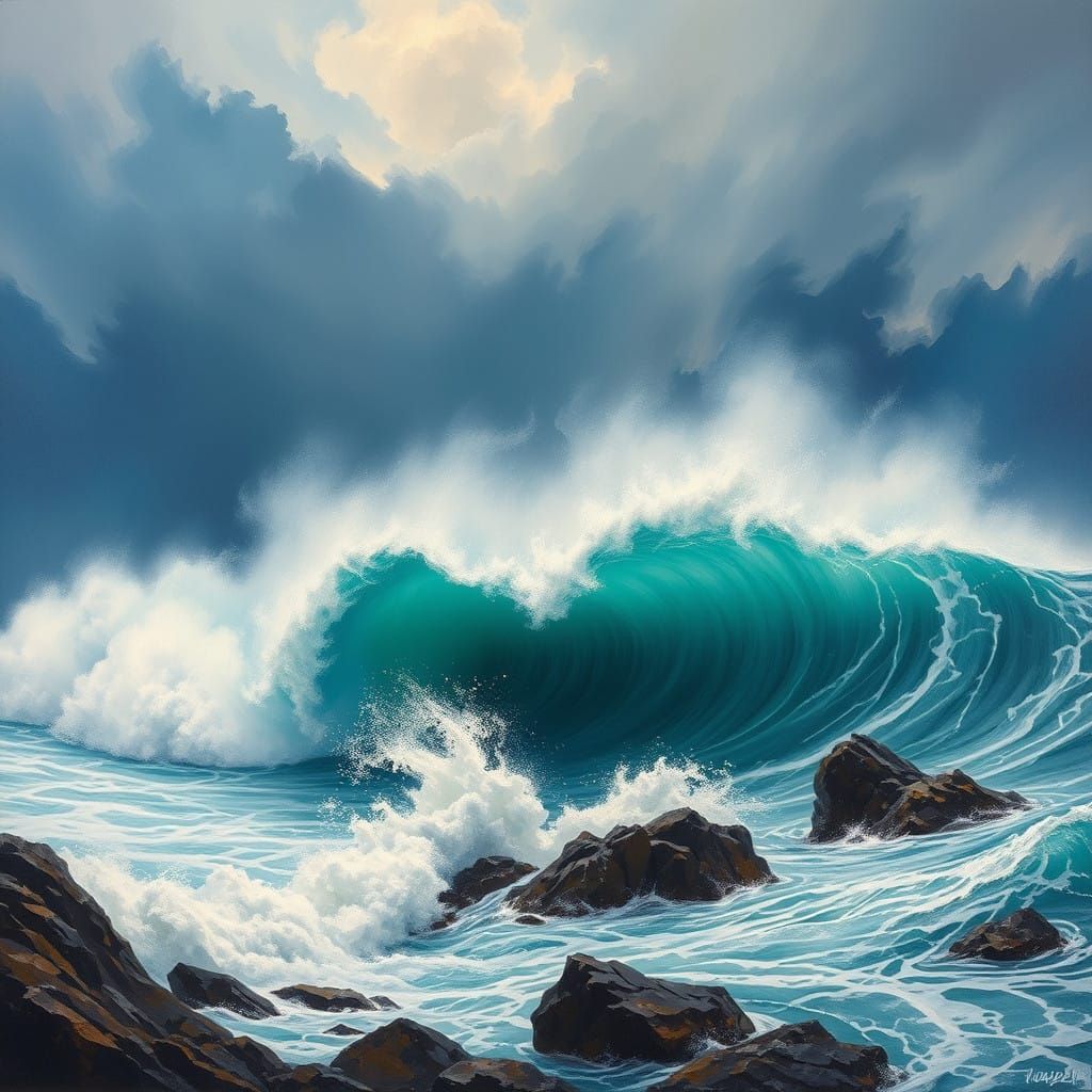 Turbulent Turquoise Tsunami in Whimsical Romanticism Style