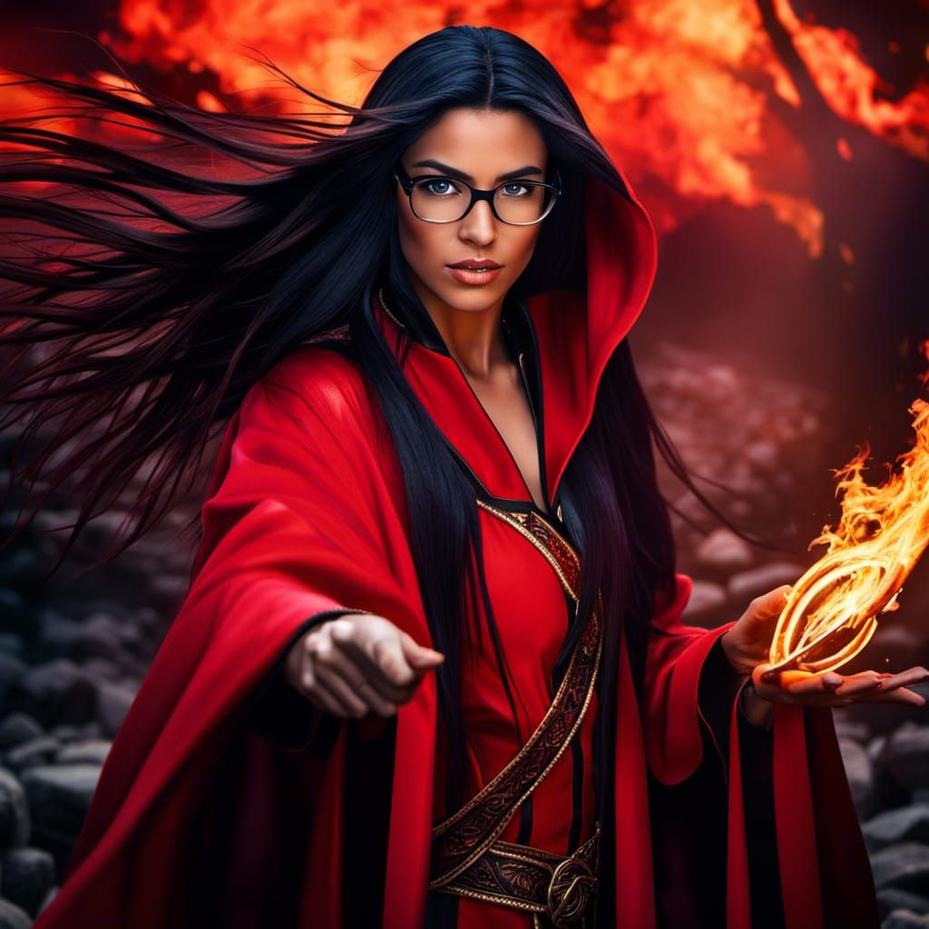 Hyperrealistic Brazilian Fire Mage in Red Robes