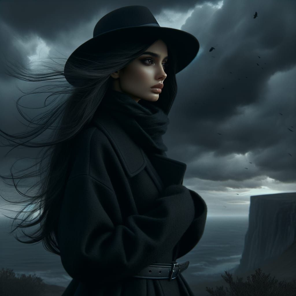 Young Woman Standing Alone on a Cliff at Sunset