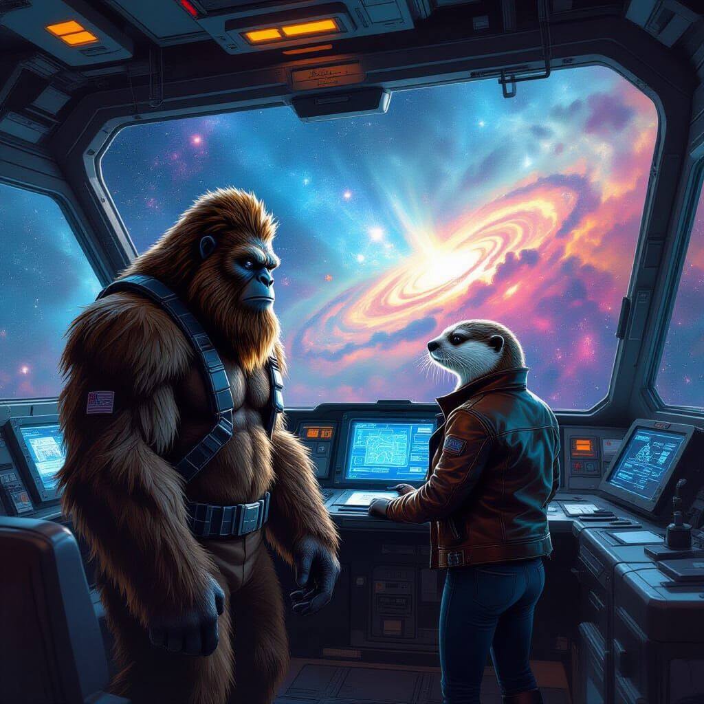 Space Bigfoot & Otter Pilot on Spaceship Bridge