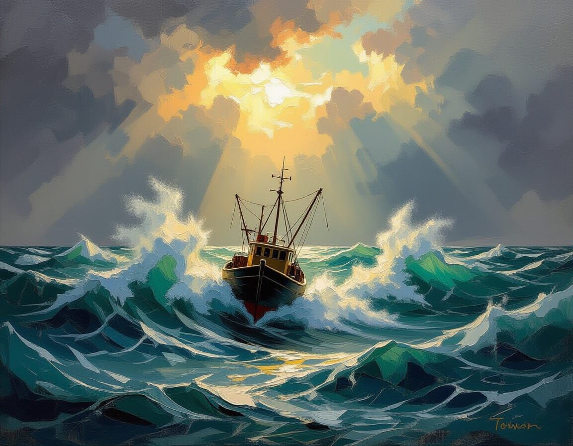 Dramatic Seascape: Trawler in Storm, Impasto Oil Painting