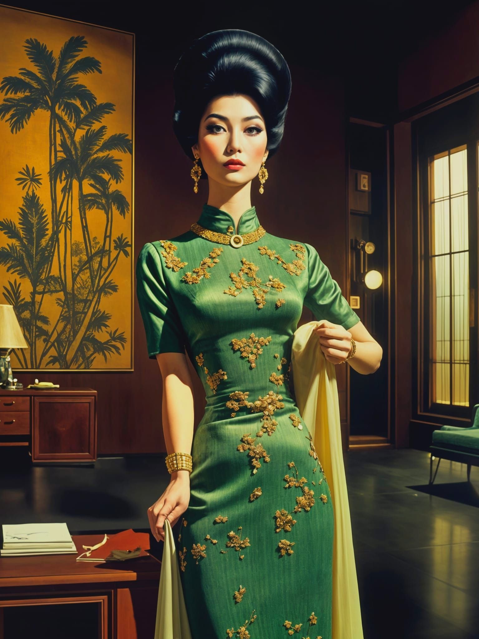 Elegant Chinese Woman in Detailed Green Qipao