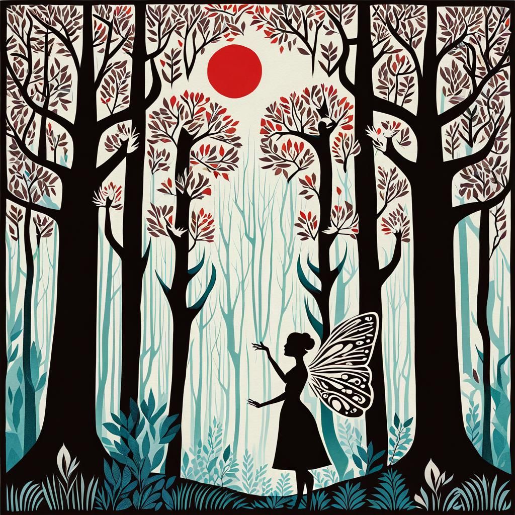 Fairy in Enchanted Forest as Block Print