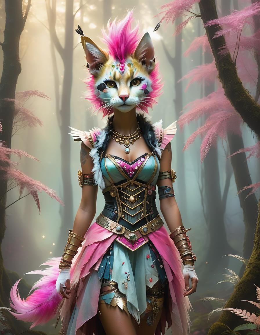 Punk Tabaxi in Misty Forest, Ethereal Fantasy Art