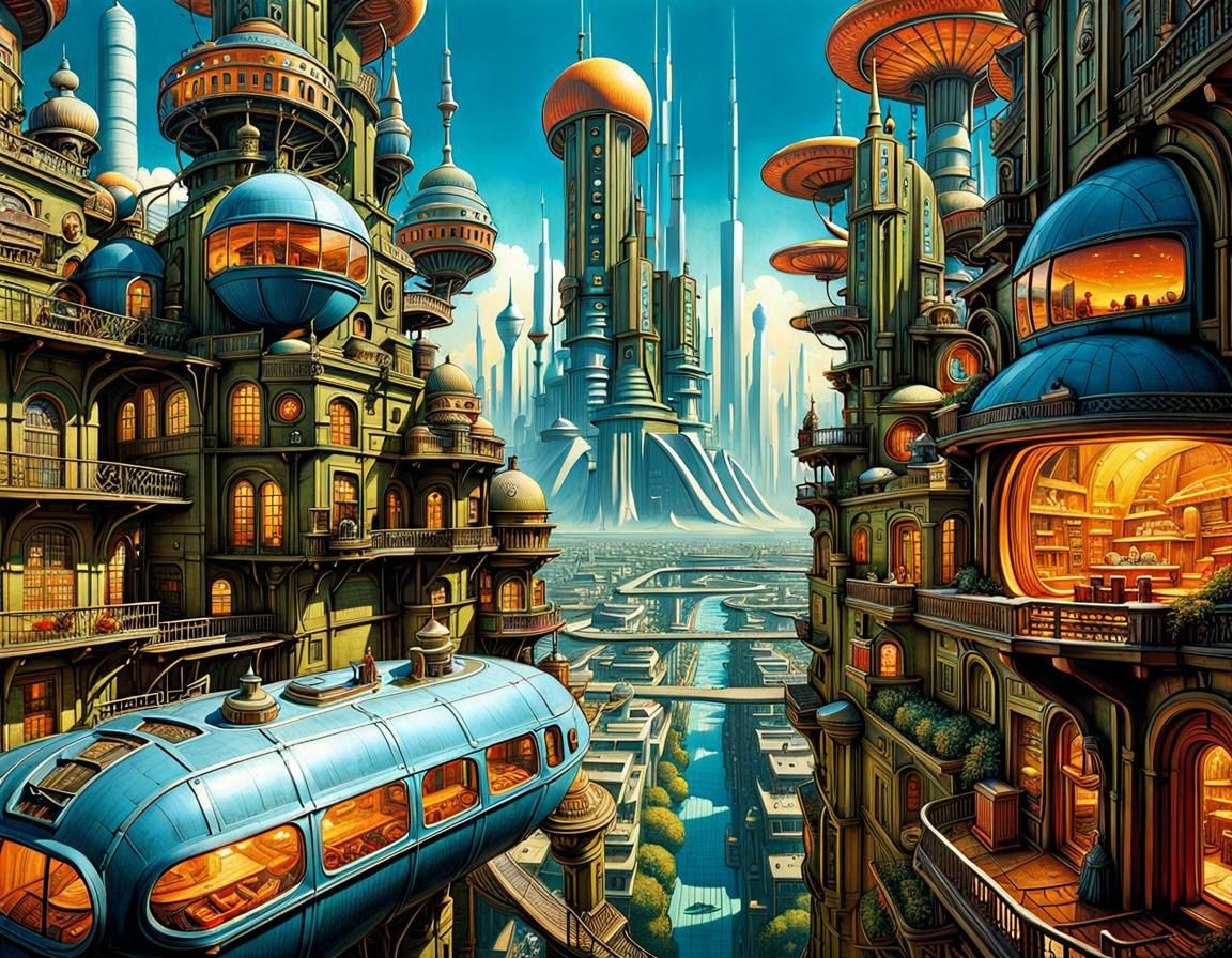Utopian Sci-Fi City in Pop Surrealism Style