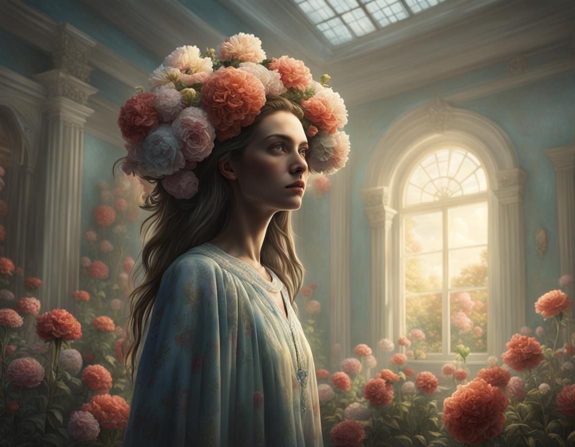Woman with Flowers in Hair, in Matte Painting Style