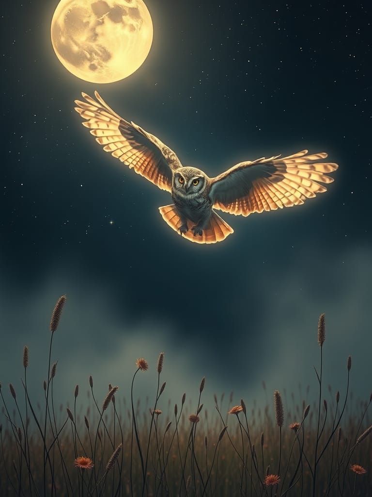 Owl in Moonlight Flight Over Misty Meadow