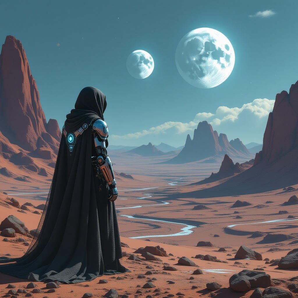 Cybernetic Figure on Alien Planet Under Twin Moons