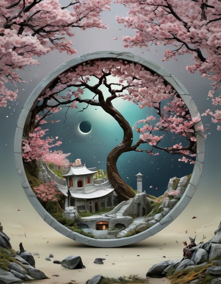 Surreal Stargate Scene with Cherry Blossom Village
