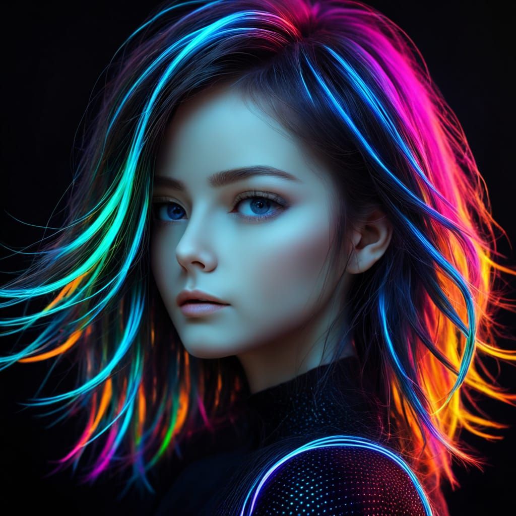 Vibrant Digital Portrait with Glowing Neon Hair