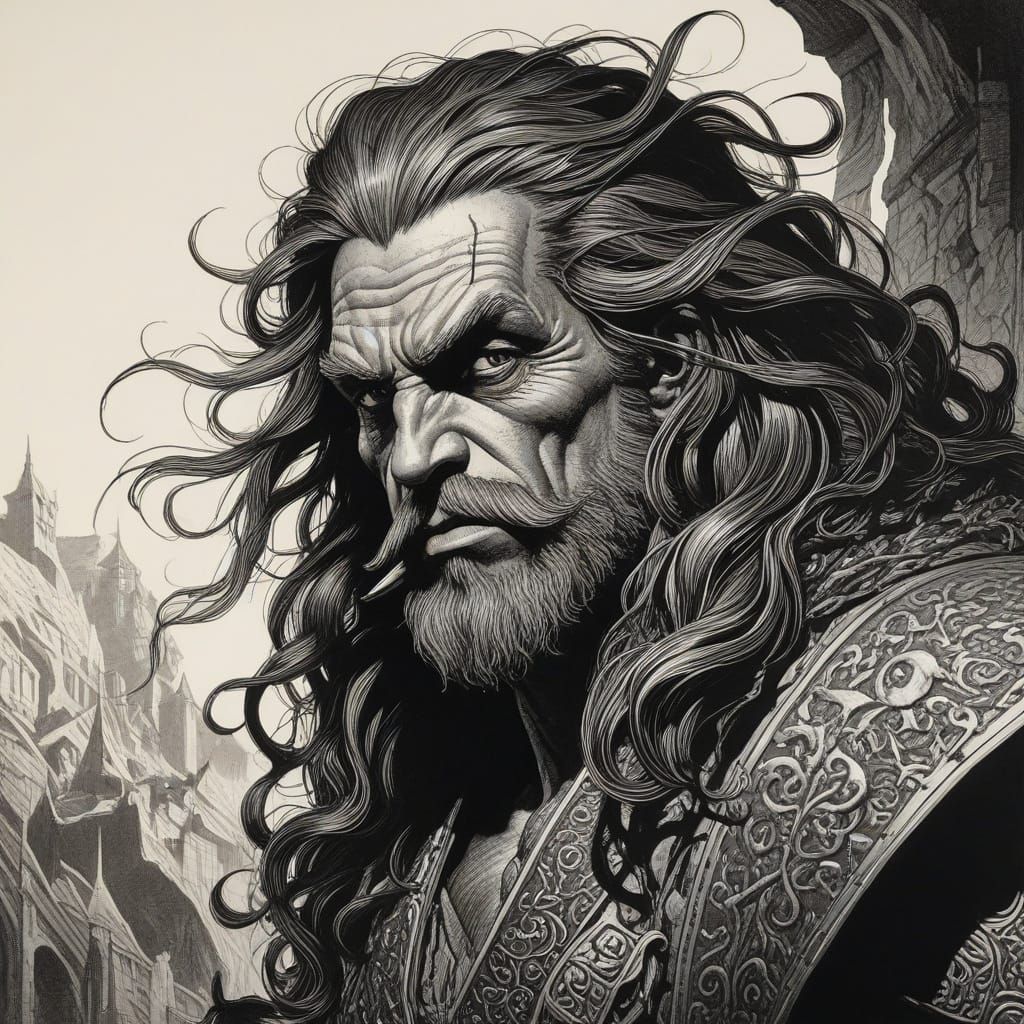 Fierce Bulgarian Warlord Etching in AD&D Style